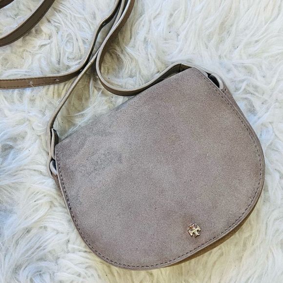 Tory Burch Handbags - Tory Burch Emerson Suede Mini Saddlebag Crossbody Taupe
